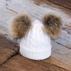 RESTOCKED!  Designer Luxe Cable Knit Double Pom Real Fur Beanie Hat Cream White